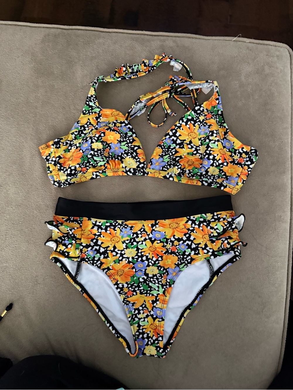 Floral High-Waist Bikini Set in Yellow & Black